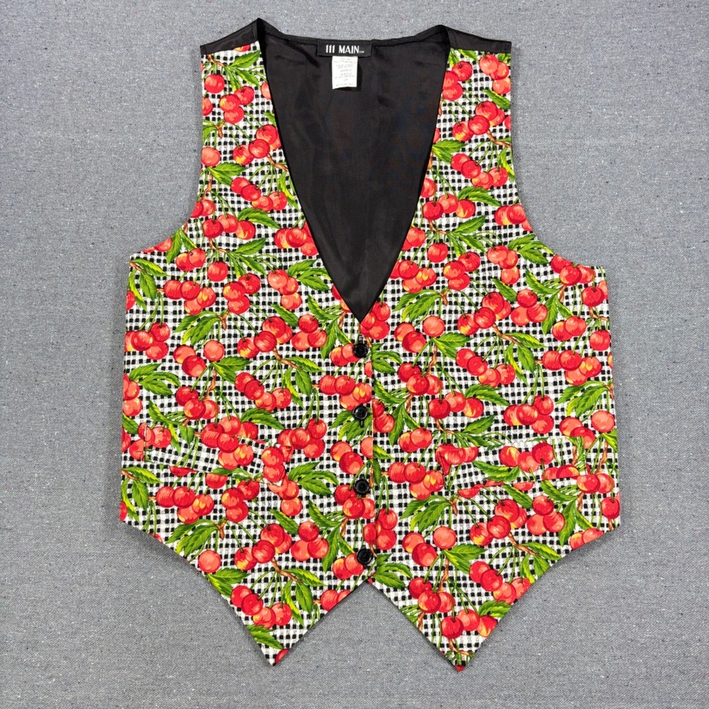 111 Main Vest Women S/M Black Red Cherry Gingham Print Cotton Button Front Retro